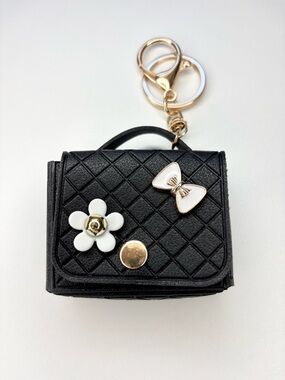 Black Quilted Mini Bag Keychain earpod case White Flower & Bow Charms
